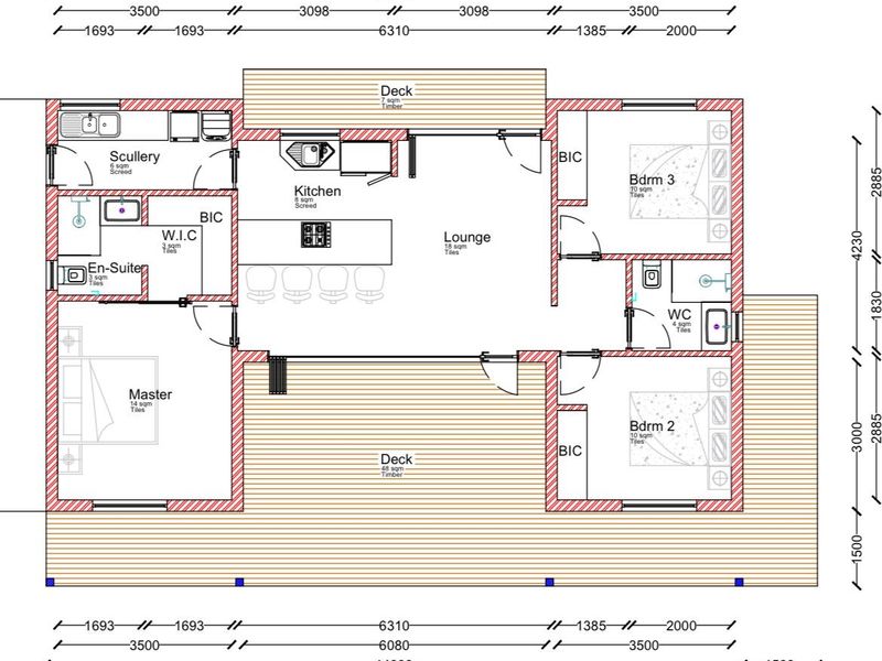 A detailed architectural floor plan showing the layout of a residential property, including three bedrooms, open-plan living areas, and outdoor timber decking.
