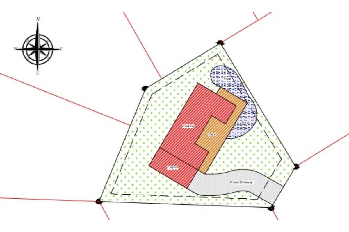 A site plan showing the layout of the dwelling, deck, carport, paved driveway, and pond on the residential property.