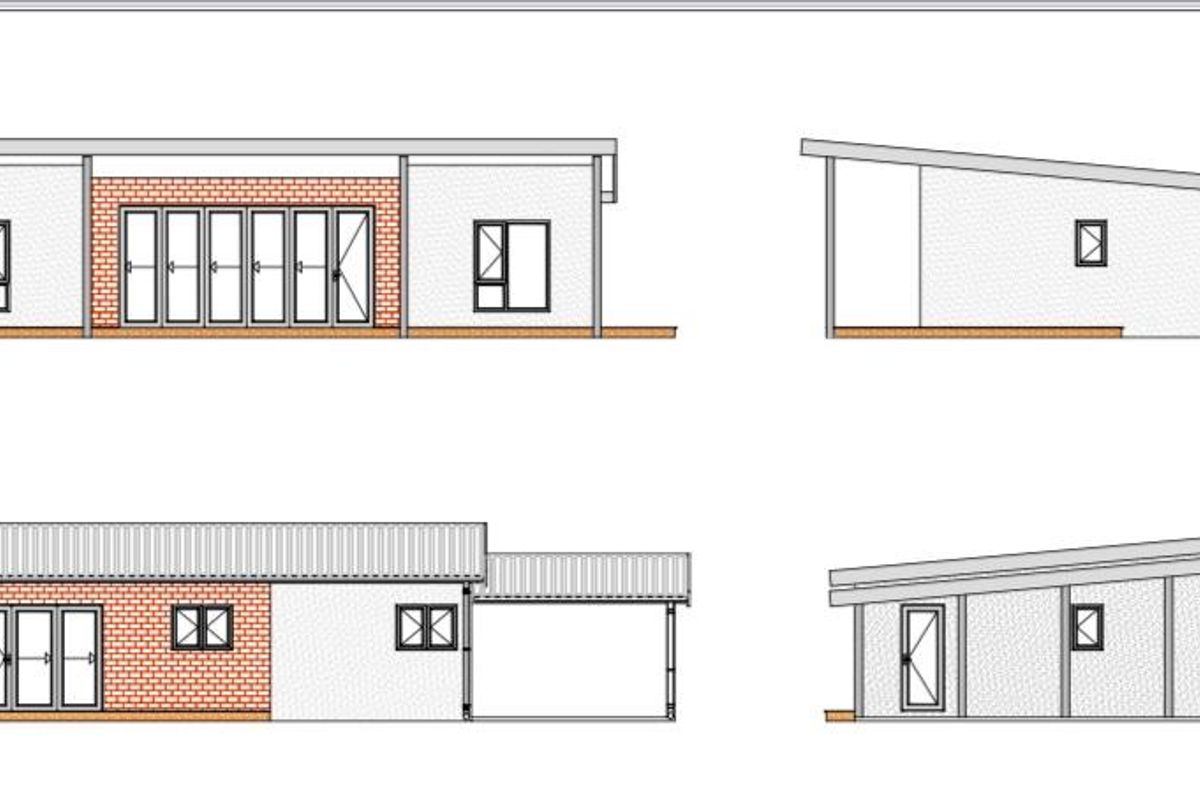Architectural elevation drawings showing the proposed design for a residential property, including brick detailing, bi-fold doors, and pitched roof profiles.