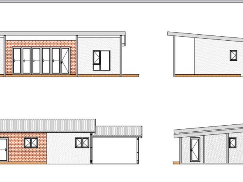 Architectural elevation drawings showing the proposed design for a residential property, including brick detailing, bi-fold doors, and pitched roof profiles.