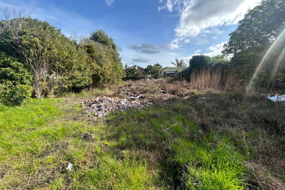 A vacant residential plot featuring overgrown grass, mature trees, and a pile of construction rubble on the site.