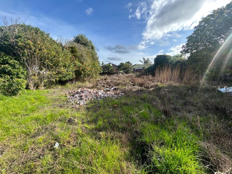 A vacant residential plot featuring overgrown grass, mature trees, and a pile of construction rubble on the site.
