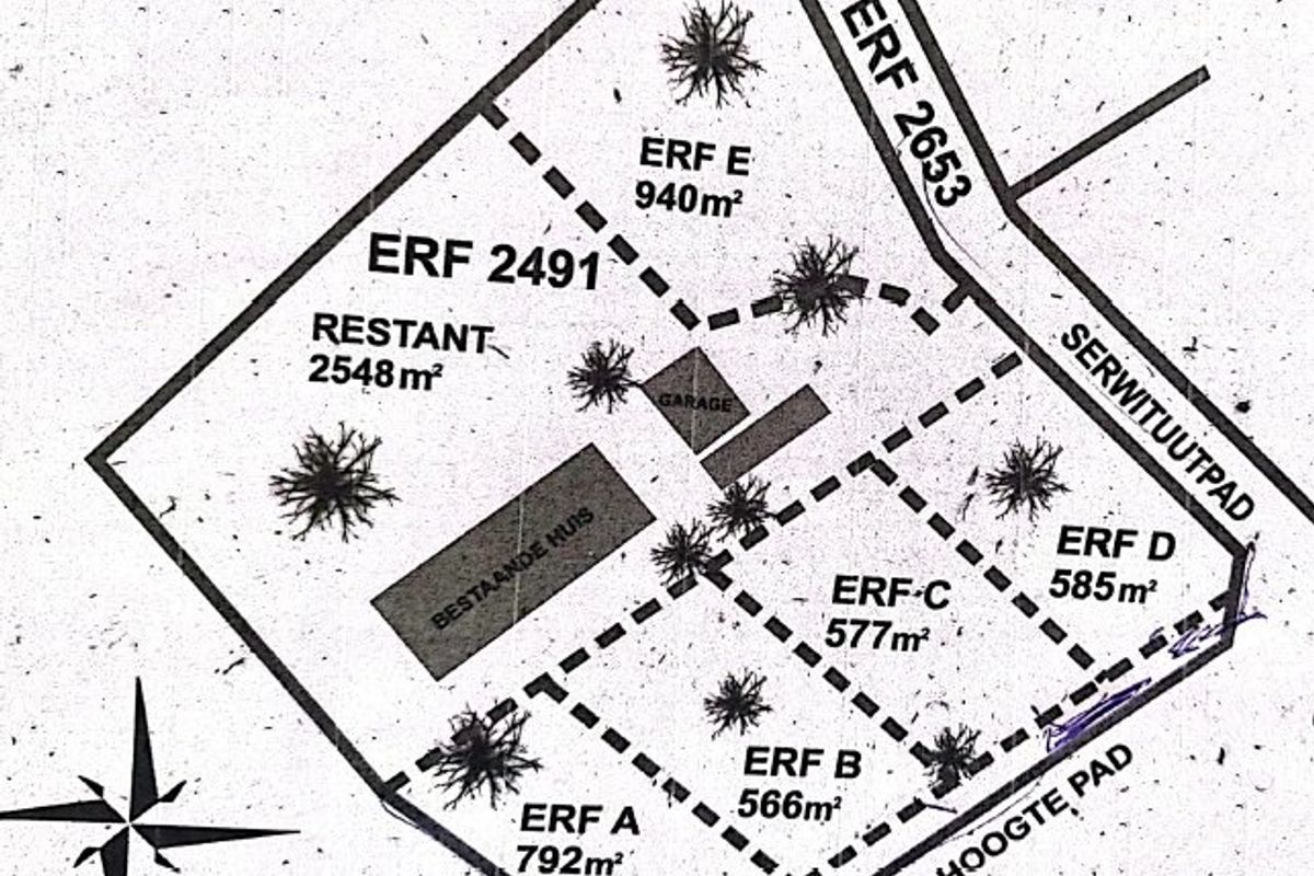 A site plan showing the subdivision layout of Erf 2491, including existing structures and designated plot areas.
