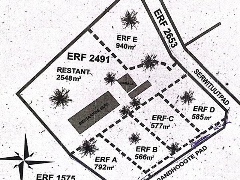 A site plan showing the subdivision layout of Erf 2491, including existing structures and designated plot areas.