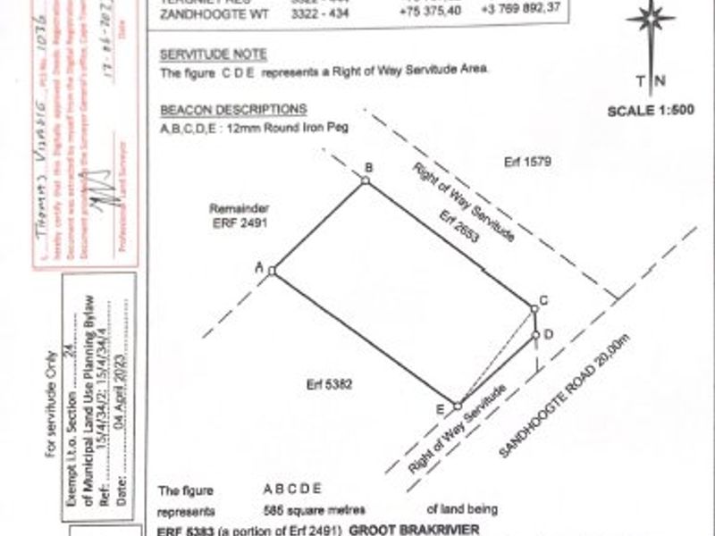 Official surveyor general diagram showing the boundaries, coordinates, and servitude details for Erf 5383 in Groot Brakrivier.