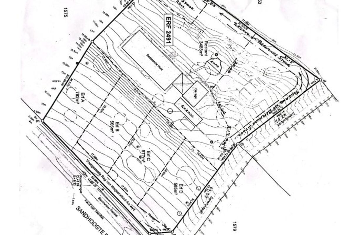 A detailed site survey and subdivision plan showing the layout of Erf 2491 and surrounding plots with boundary dimensions and access points.