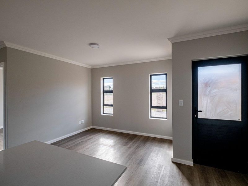 A bright, modern, and empty living area featuring neutral walls, wood-look flooring, and a dark-framed exterior door with frosted glass.