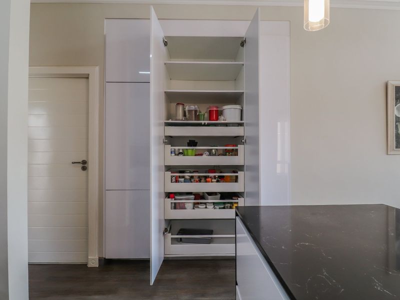 Modern kitchen featuring a tall built-in pantry with organized pull-out drawers and a sleek dark stone countertop.
