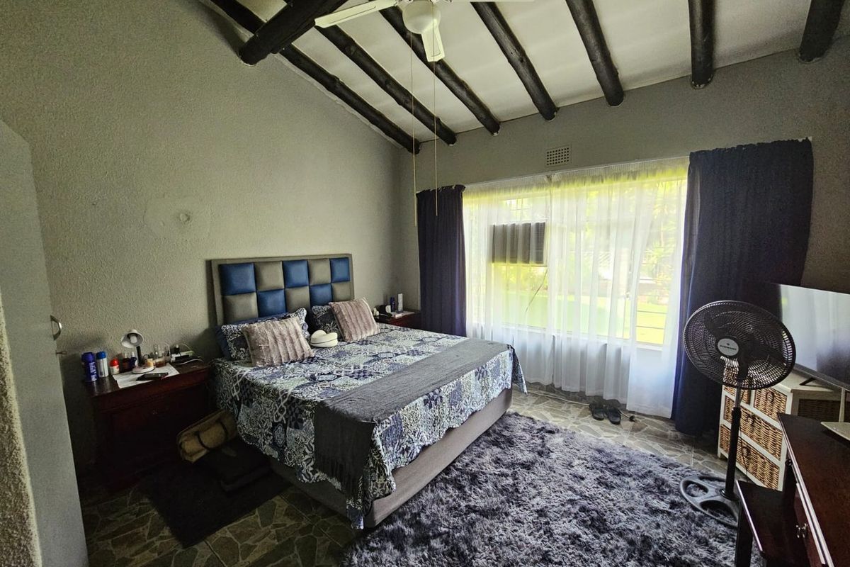 A bedroom featuring exposed timber ceiling beams, a ceiling fan, and large windows allowing natural light, finished with tiled flooring.