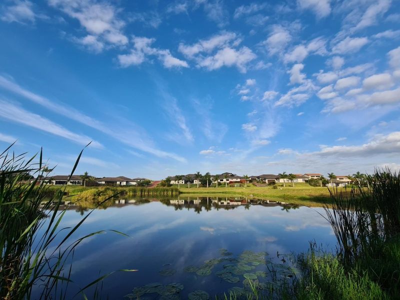 A scenic view of a tranquil lake reflecting the surrounding residential estate and blue sky.