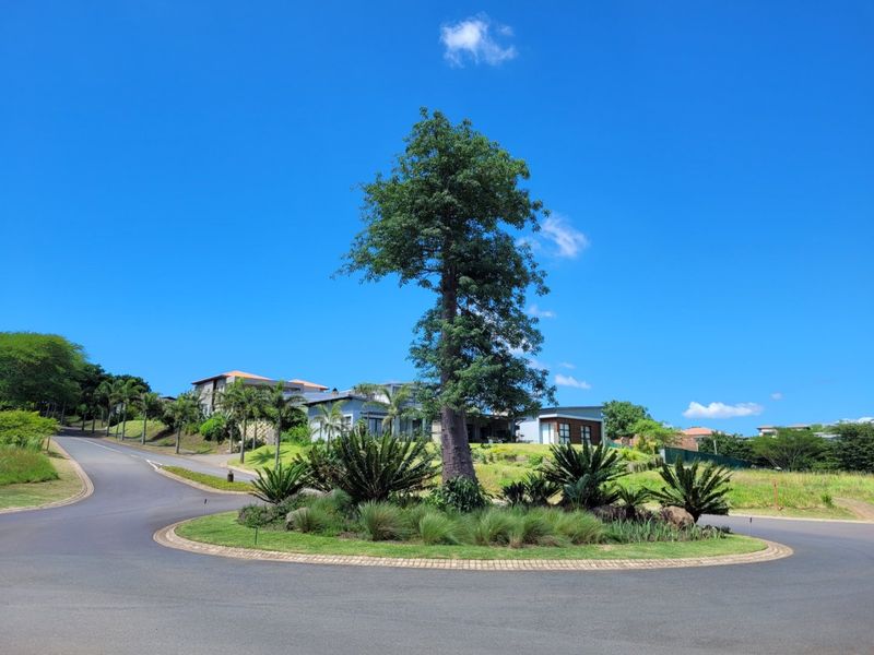A well-maintained residential street featuring a landscaped roundabout with a mature tree, providing an attractive approach to the property.