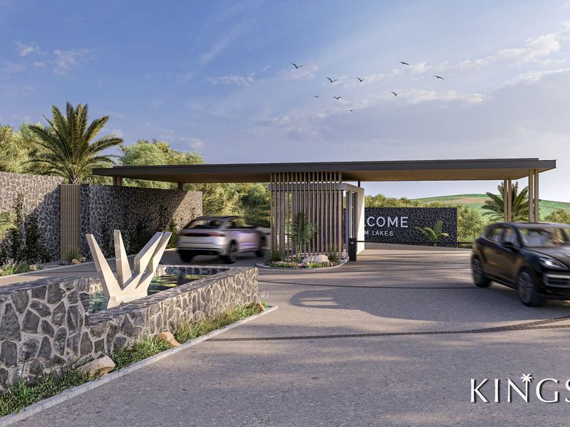 A modern, high-end estate entrance featuring stone-clad walls, a sleek security gatehouse, a decorative water feature, and professional landscaping.