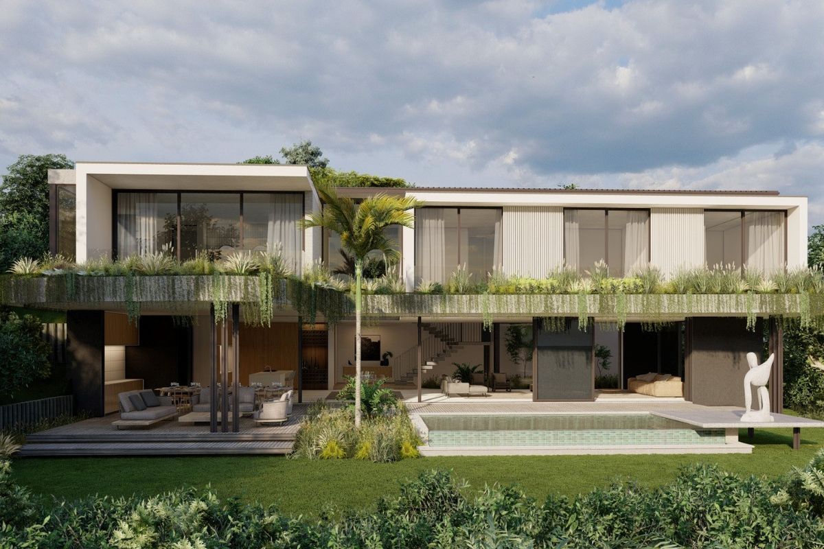 Modern luxury rear elevation featuring a swimming pool, expansive timber decking, covered patio area, and lush integrated balcony planters.