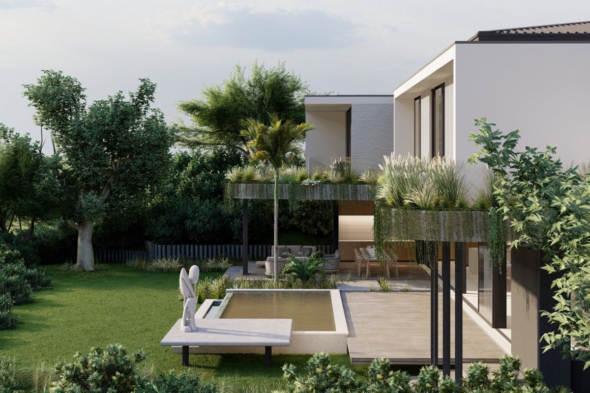 Modern rear exterior view featuring a swimming pool, timber decking, covered patio area, and lush landscaped garden with integrated balcony greenery.