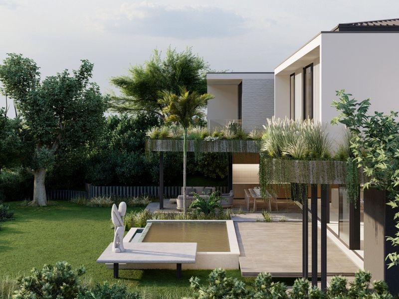 Modern rear exterior view featuring a swimming pool, timber decking, covered patio area, and lush landscaped garden with integrated balcony greenery.