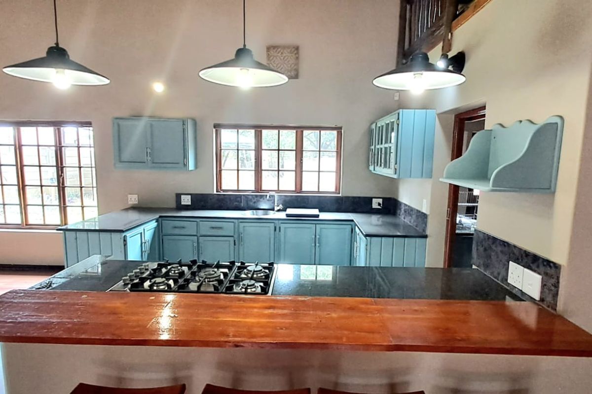 Open-plan kitchen featuring a breakfast bar, built-in gas hob, dark stone countertops, and light blue cabinetry with ample natural light.