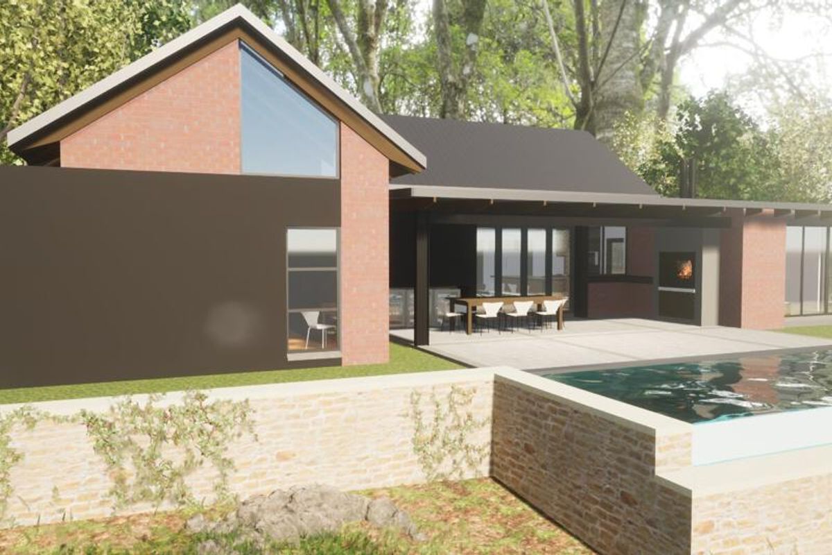 A modern architectural rendering of a residential property featuring a swimming pool, covered patio, and contemporary brick and dark metal facade design.