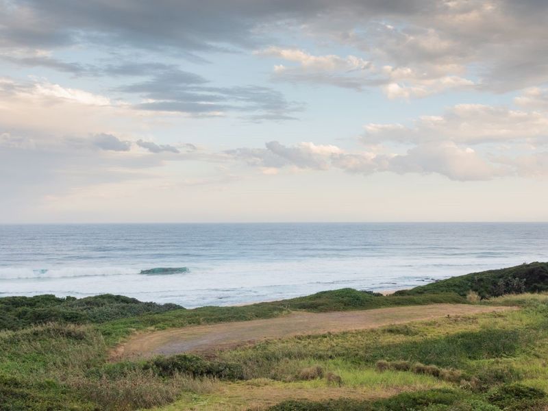 A scenic view of the coastline featuring natural vegetation and direct ocean frontage, highlighting the property's prime location.