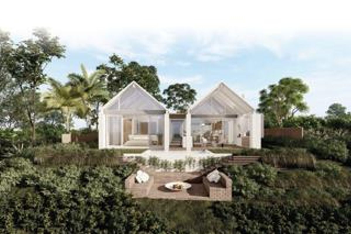 A high-quality architectural rendering of a modern residential property featuring dual gabled structures, expansive glass facades, and a landscaped outdoor patio area.