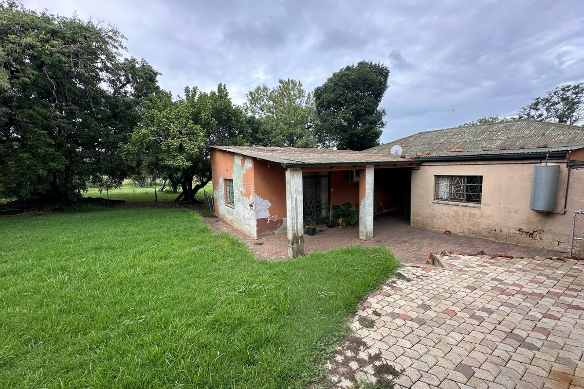 Rear view of the property featuring a covered patio area, paved courtyard, and surrounding garden space with visible exterior wall maintenance required.
