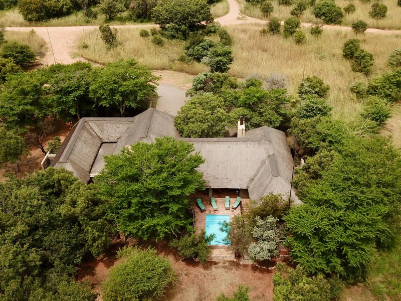 Aerial view of a bushveld property featuring a thatched roof dwelling, a private swimming pool, and surrounding natural landscape.