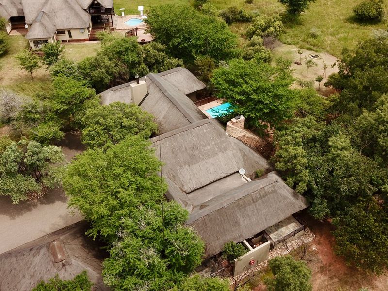 Aerial view of a thatched-roof property nestled in a natural landscape, featuring a swimming pool and surrounding mature trees.