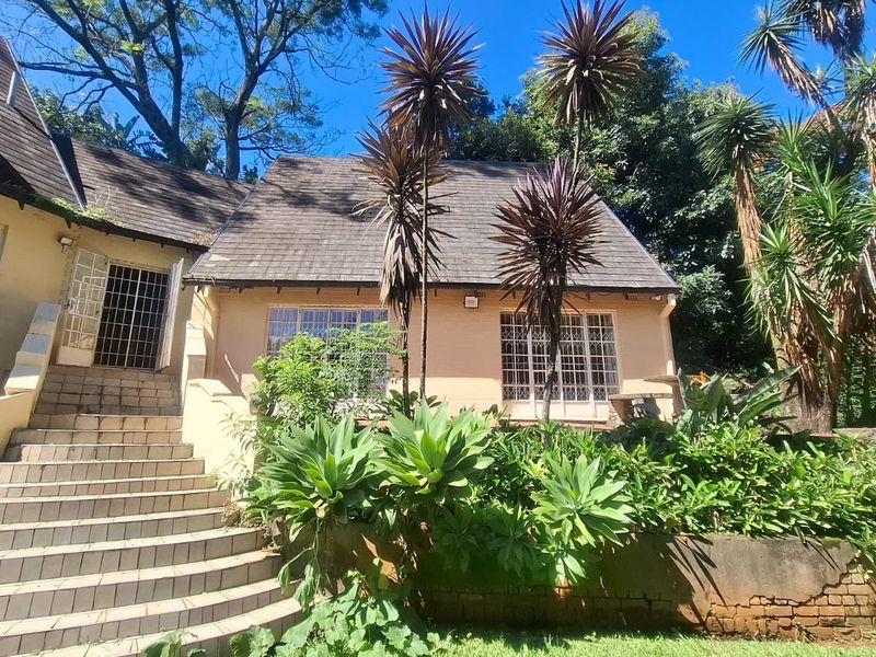 Rear view of the property featuring a tiled staircase, shingle roofing, and a brick retaining wall set within a mature garden.