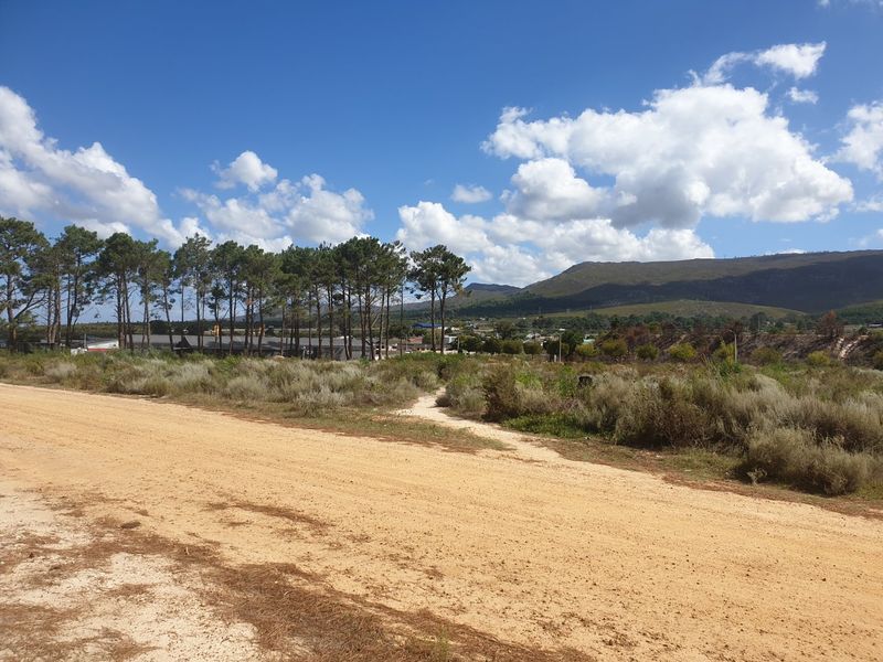A view of a vacant residential plot featuring natural vegetation, a dirt access path, and scenic mountain views in the background.