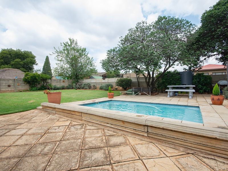 A private backyard featuring a raised swimming pool, paved patio area, and a well-maintained lawn enclosed by perimeter walling.
