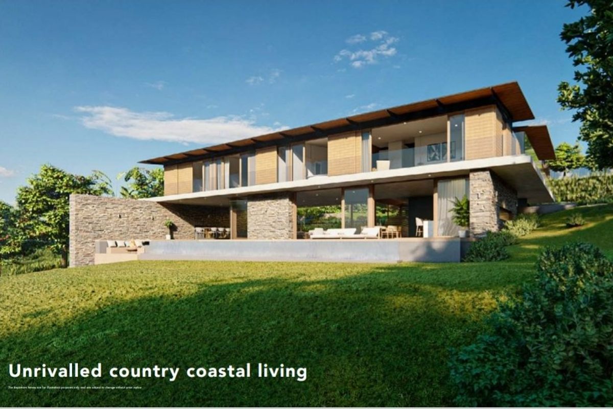 A high-end architectural rendering of a modern coastal residence featuring stone cladding, expansive glass walls, and a spacious outdoor terrace.