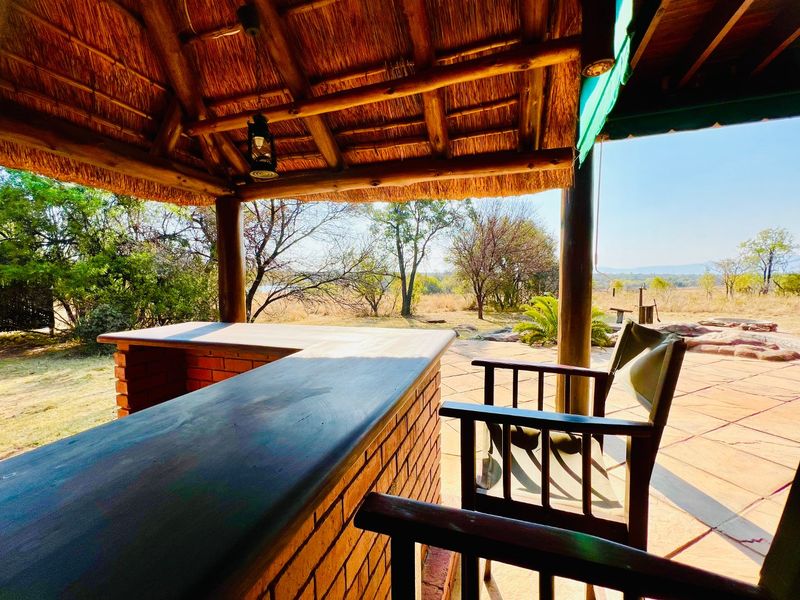 Covered outdoor patio area featuring a built-in brick bar, rustic thatched roof, and timber support posts overlooking the natural landscape.