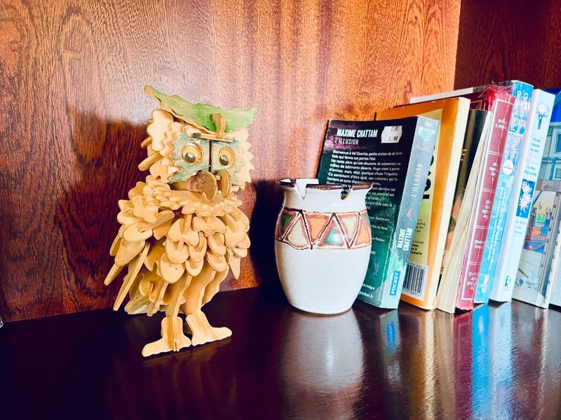 A close-up view of a wooden owl ornament and books placed on a wooden shelf.