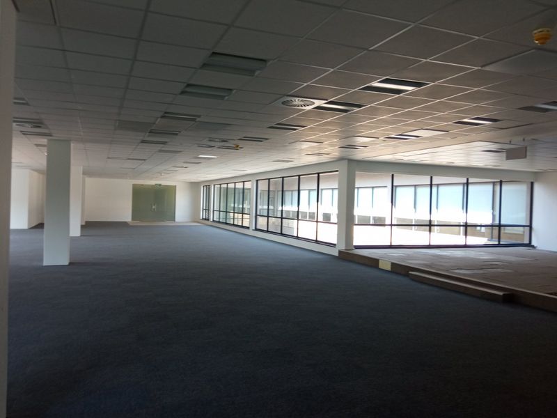 Spacious open-plan office area featuring a suspended ceiling, recessed lighting, large windows providing natural light, and a raised platform section.