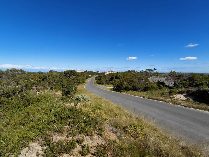 A view of the paved access road winding through the natural coastal landscape, showing the surrounding vegetation and neighborhood approach.