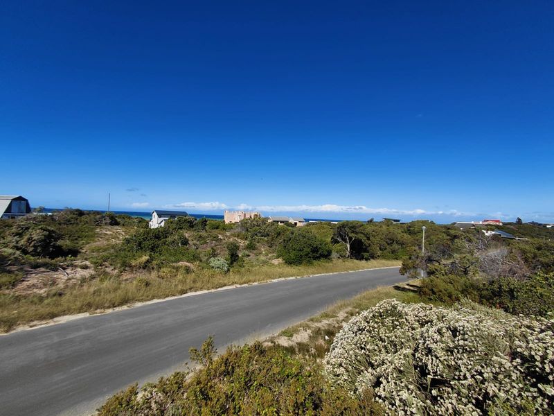 A scenic view of the surrounding coastal landscape and residential neighborhood, featuring a paved access road and natural vegetation.