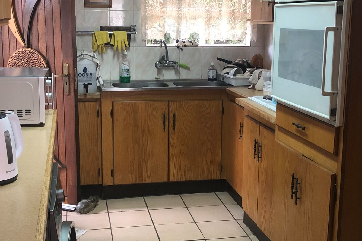 A dated kitchen featuring wood-veneer cabinetry, tiled splashbacks, a double-basin sink, and a built-in wall oven.