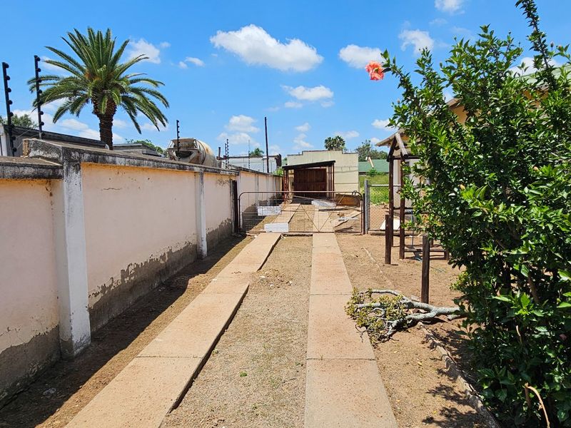A side exterior view of the property featuring a long concrete driveway, a perimeter boundary wall, and basic garden landscaping.