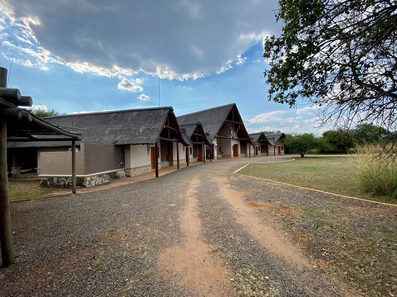 A spacious exterior view of a lodge-style property featuring multiple thatched roof sections, a gravel driveway, and expansive surrounding grounds.