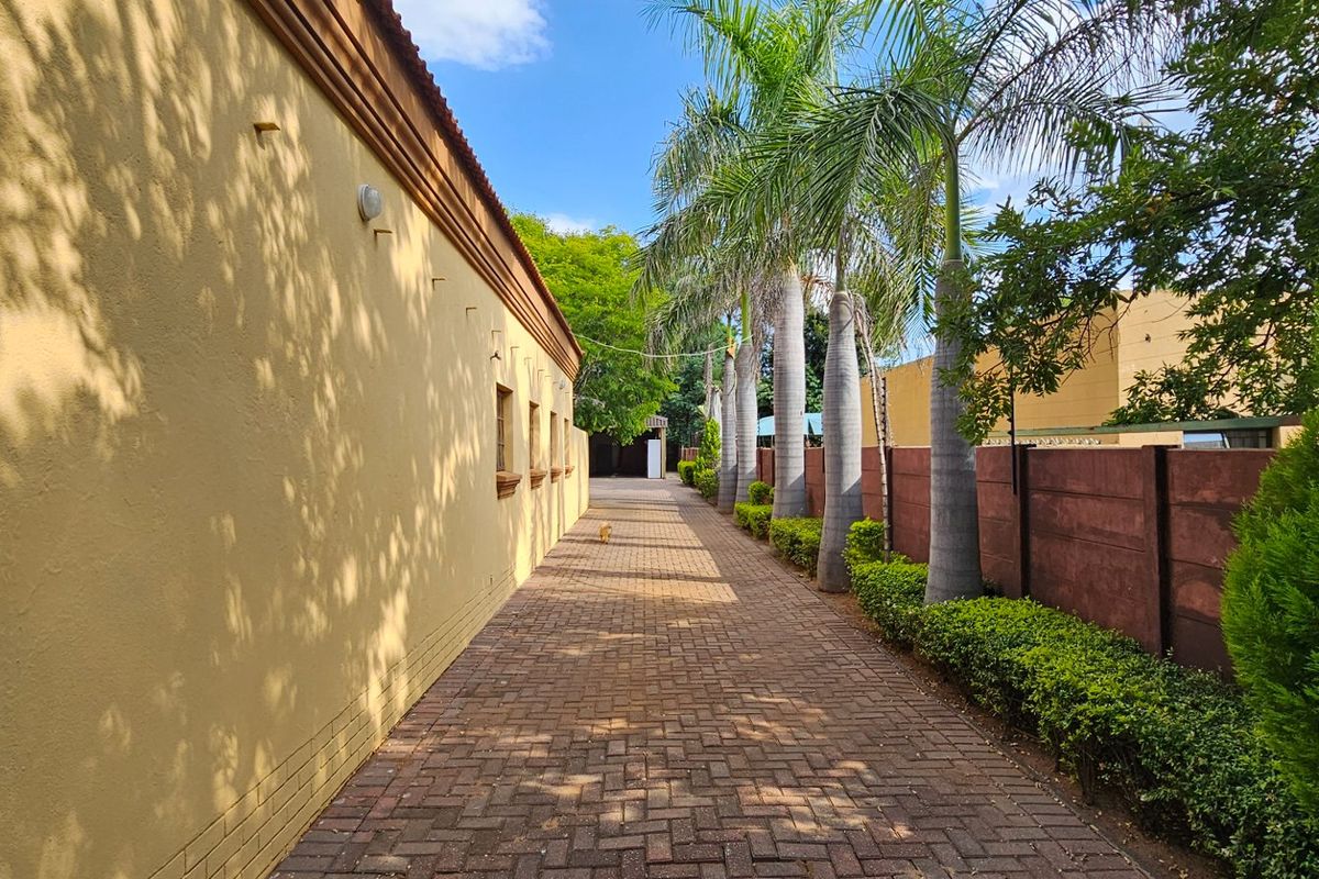 A paved side walkway featuring a long exterior wall, mature palm trees, and manicured hedging along the boundary wall.