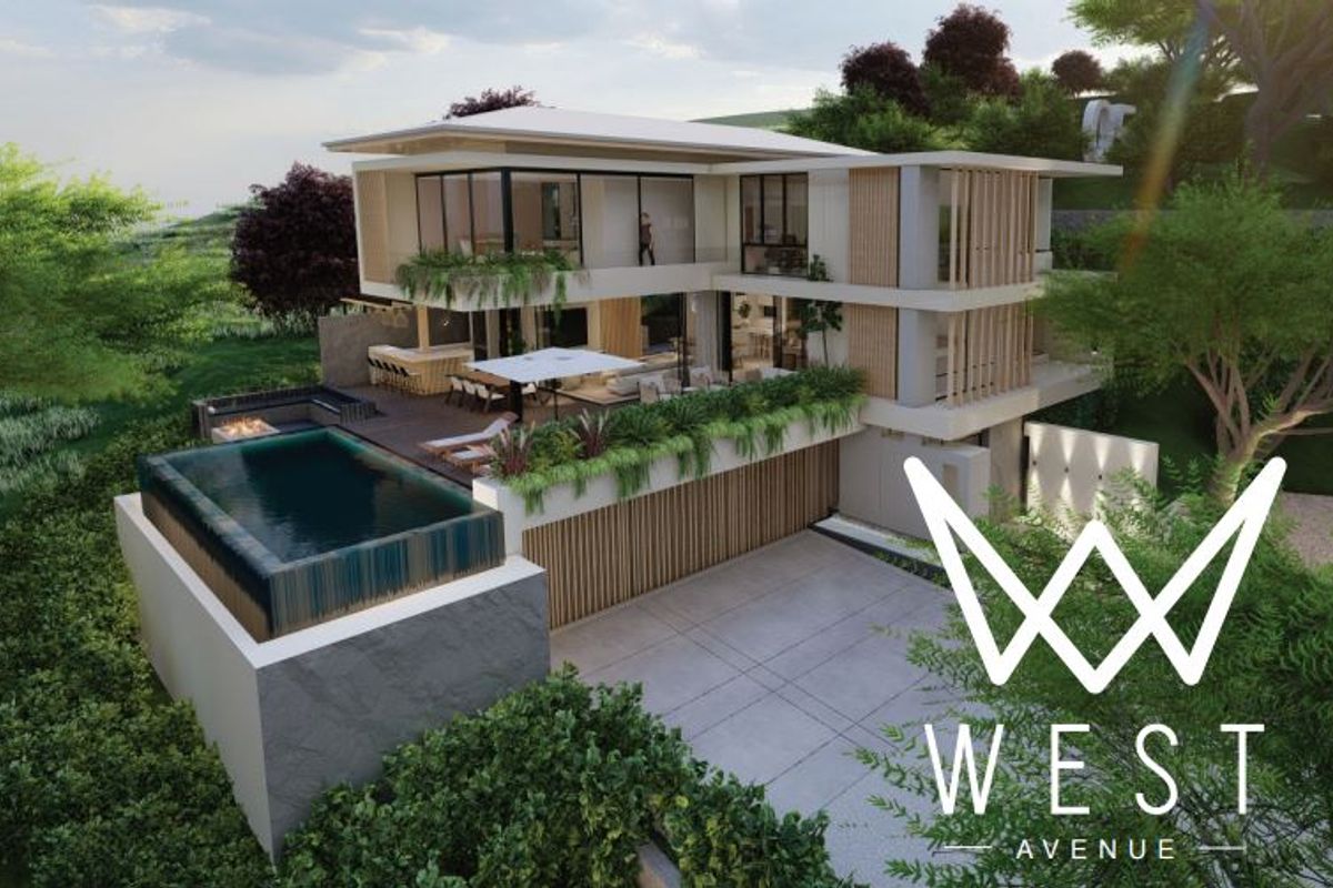 Aerial view of a modern luxury residence featuring an infinity pool, sunken fire pit, outdoor bar, and expansive timber decking.