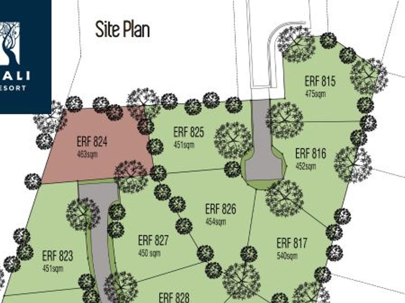 A site plan diagram illustrating the layout and plot sizes for multiple erven within the Zimbali Lakes Resort development.