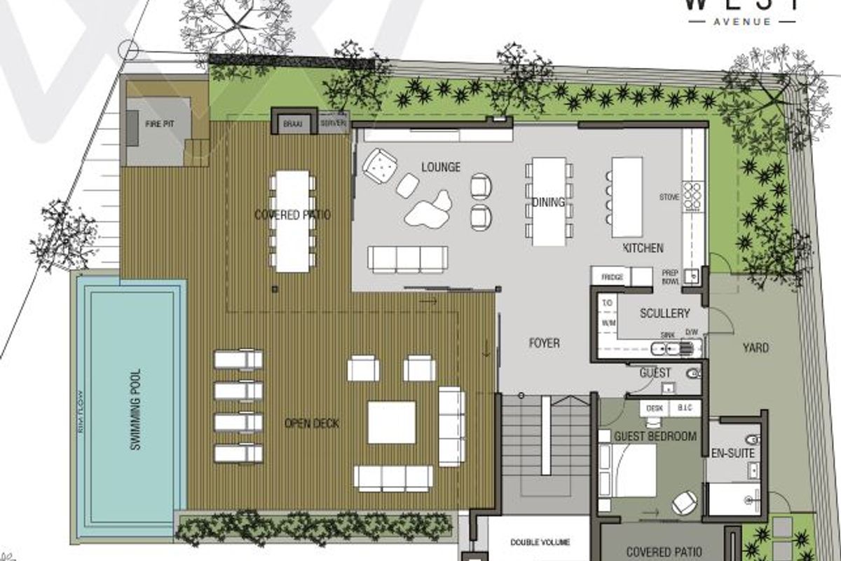 Architectural floor plan showing the layout of the ground floor, including open-plan living areas, kitchen, scullery, guest bedroom, and outdoor entertainment space with pool.