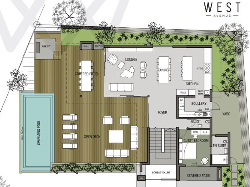 Architectural floor plan showing the layout of the ground floor, including open-plan living areas, kitchen, scullery, guest bedroom, and outdoor entertainment space with pool.