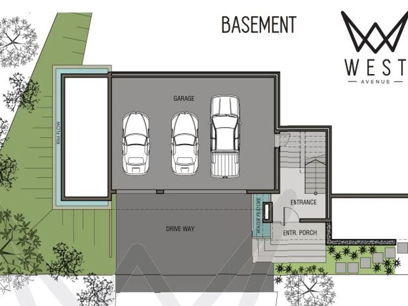 Architectural floor plan showing the basement level layout, including a triple garage, driveway, entrance porch, and water feature.