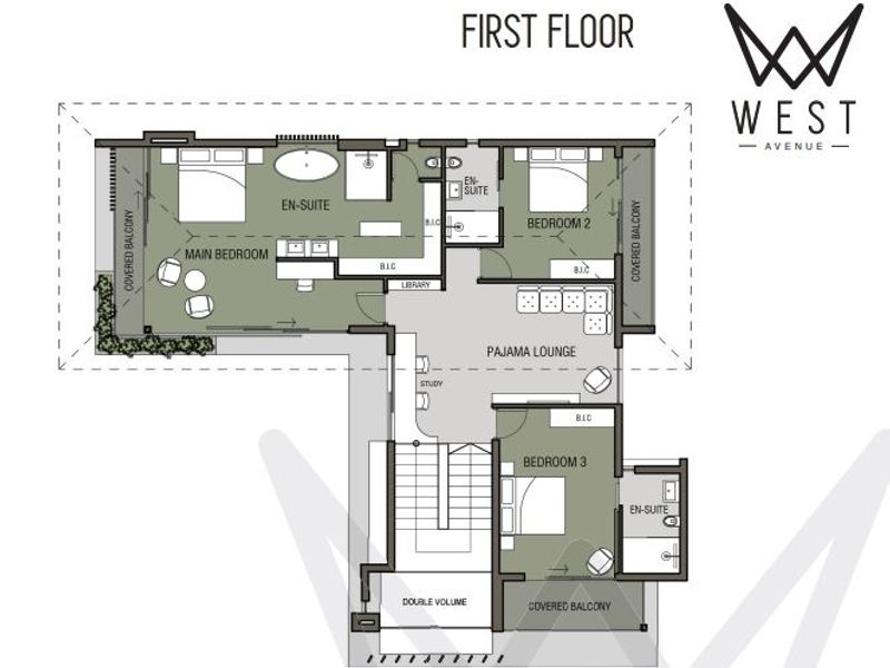Architectural floor plan of the first floor, detailing the layout of bedrooms, en-suites, pajama lounge, and covered balconies.