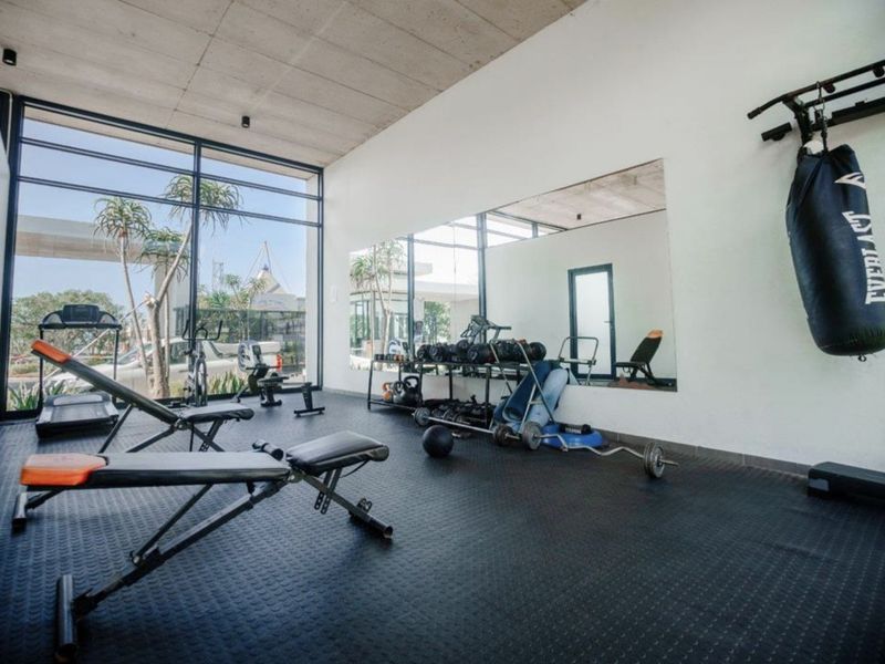 A modern gym space featuring floor-to-ceiling windows, durable rubberized flooring, a large wall-mounted mirror, and an exposed concrete ceiling.