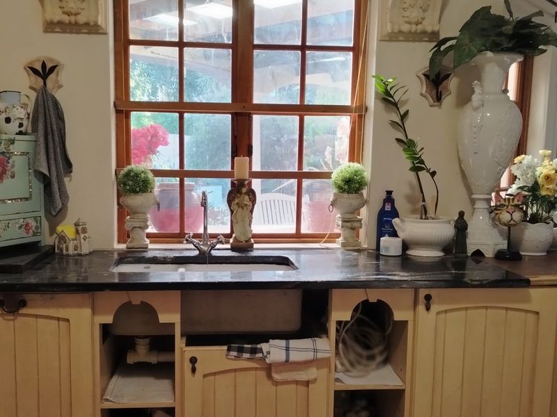 A kitchen sink area featuring a dark stone countertop, wooden cabinetry, and a large window overlooking the garden.