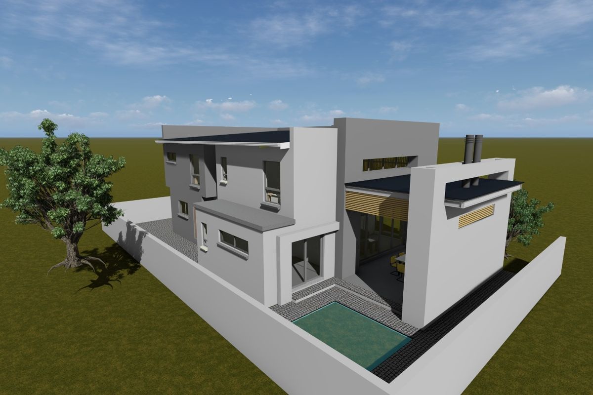 A 3D architectural rendering of a modern two-story house featuring a flat roof, integrated patio, and a small swimming pool.