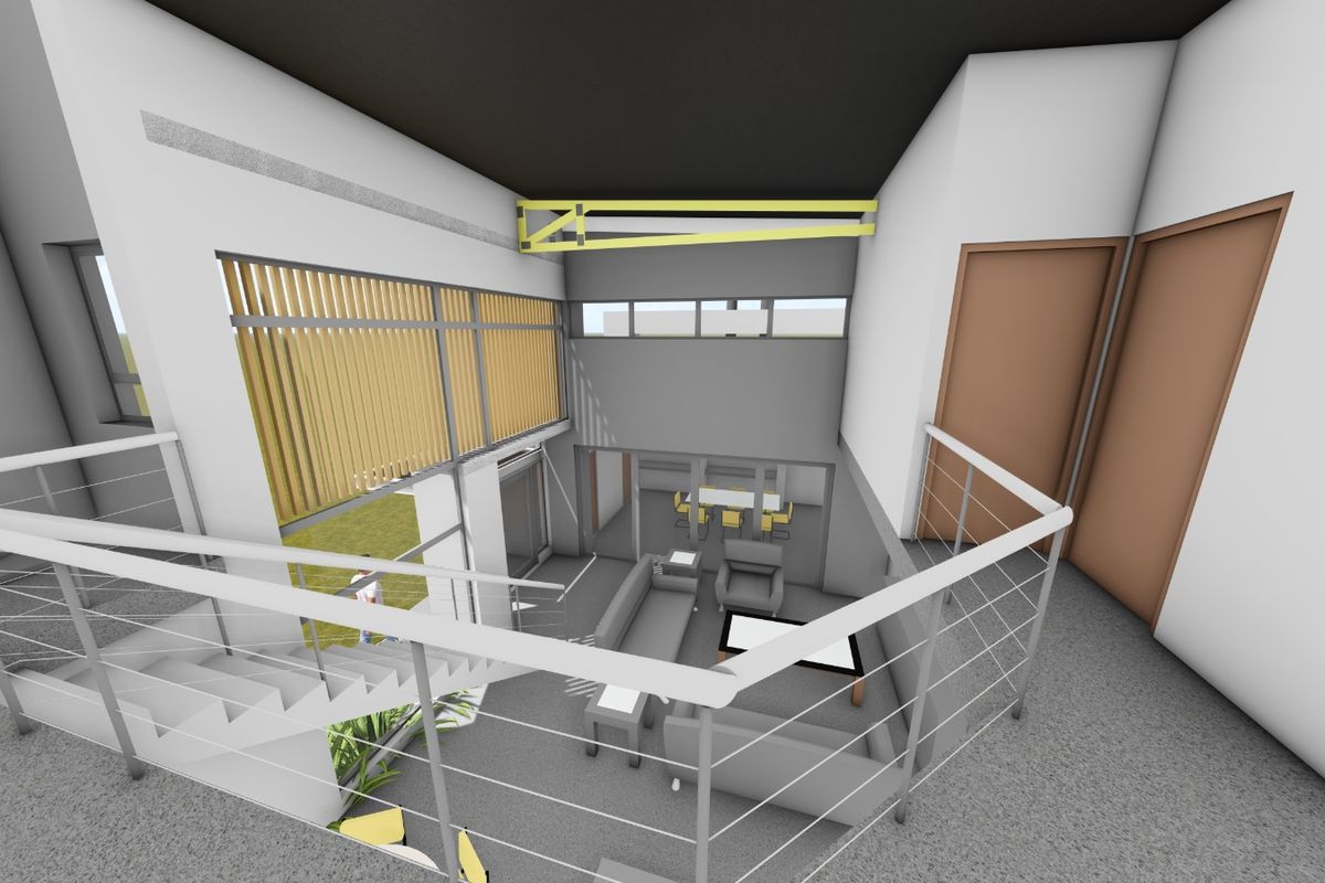 A high-angle view of a modern open-plan living area featuring a mezzanine level, staircase with metal railings, and double-volume ceilings.