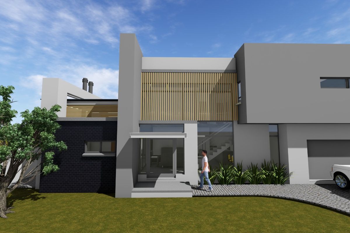 A modern architectural rendering of a contemporary house exterior featuring clean lines, timber slat detailing, and a paved driveway.